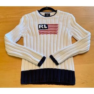 Ralph Lauren VINTAGE Crew Neck Sweater with RL Flag and Navy Trim size Large